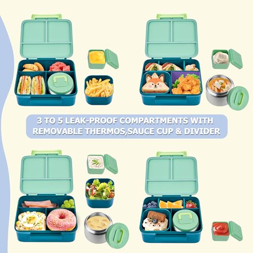 Bento Lunch Box for Kids with Thermo, Leakproof Bento Box with 8oz Insulated Food Jar, Lunch Bag, BPA Free Dishwasher Safe 4 Compartment Container for School Girls Boys (Green) - color: Green1