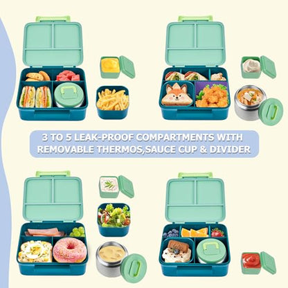 Bento Lunch Box for Kids with Thermo, Leakproof Bento Box with 8oz Insulated Food Jar, Lunch Bag, BPA Free Dishwasher Safe 4 Compartment Container for School Girls Boys (Green) - color: Green1
