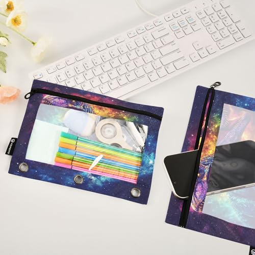 Galaxy Dinosaur T. Rex Binder Pouches 3 Ring for Boys Girls School Office College Supplies Space Dino Stars Tyrannosaurus Rex Nebula Pencil Pouches Case Bag with Clear Window and Zipper 2 Pack - color: Dinosaur