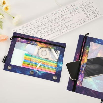 Galaxy Dinosaur T. Rex Binder Pouches 3 Ring for Boys Girls School Office College Supplies Space Dino Stars Tyrannosaurus Rex Nebula Pencil Pouches Case Bag with Clear Window and Zipper 2 Pack - color: Dinosaur