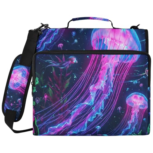 Jellyfish 2-inch 3 Ring Zipper Binder with Shoulder Strap Holds 14 Inch Laptop for Students and Office - color: Glowing Jellyfish