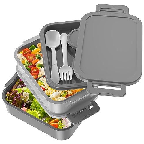 Jelife Adult Bento Box Lunch Box - 3 Layers Stackable Bento Lunch Box for Adults, 72oz Large-Style All-in-One Bento Boxes Leak-Proof Lunchbox with Utensil Sauce Containers for Dining Out,Work, Grey - color: 1-Grey