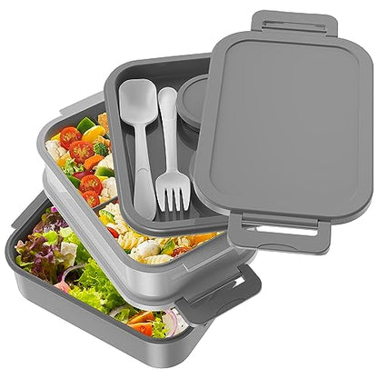 Jelife Adult Bento Box Lunch Box - 3 Layers Stackable Bento Lunch Box for Adults, 72oz Large-Style All-in-One Bento Boxes Leak-Proof Lunchbox with Utensil Sauce Containers for Dining Out,Work, Grey - color: 1-Grey