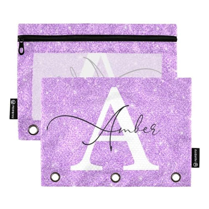 Personalized Pencil Pouch for 3 Ring Binder Lilac Shiny Glitter Custom Pencil Pouches Case Binder Cosmetic Bag 2 Pack for Office School College Supplies - color: Lilac Shiny Glitter