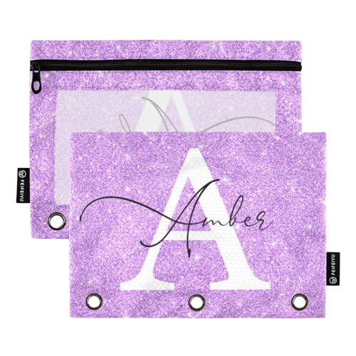 Personalized Pencil Pouch for 3 Ring Binder Lilac Shiny Glitter Custom Pencil Pouches Case Binder Cosmetic Bag 2 Pack for Office School College Supplies - color: Lilac Shiny Glitter