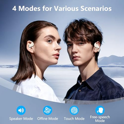Open Ear Clip Wireless Earbuds Headphones, Bluetooth Built-in Mic, IPX7 Waterproof, LED Display Charging Case,Ear Hooks Ear Buds Ultra Comfort Design for Running/Walking/Cycling/Gym - color: Beige