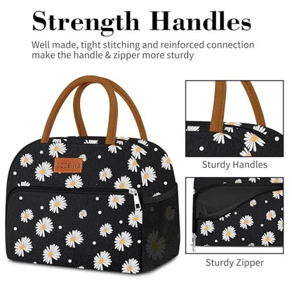 Coobiiya Lunch Bag Lunch Box for Women Men, Reusable Cute Lunchbag - Leakproof, Adult Insulated Lunch Box Tote with Large Capacity, Cooler Container for Work, Travel, Office (Black Daisy) - color: Black Daisy