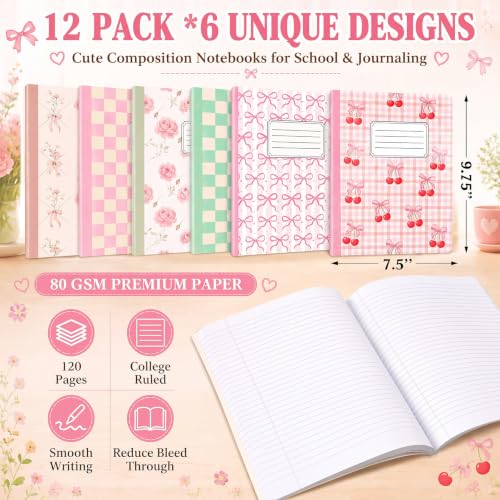 MotiMind 12 Pack Composition Notebooks Back to School Coquette College Ruled Lined 120 Pages Floral Bow Plaid Cherry Composition Books for First Day of School Women Student Supplies, 9.75 x 7.5in