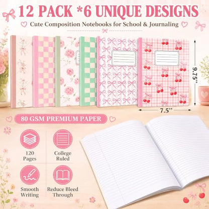 MotiMind 12 Pack Composition Notebooks Back to School Coquette College Ruled Lined 120 Pages Floral Bow Plaid Cherry Composition Books for First Day of School Women Student Supplies, 9.75 x 7.5in