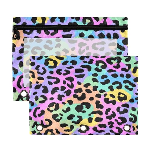 Kcldeci Pencil Pouch for 3 Ring Binder, Leopard Print Cute Cheetah Spots 2 Pack Binder Pencil Pouch with Clear Window Pencil Bags with Zipper Pencil Case for Binder - color: C05
