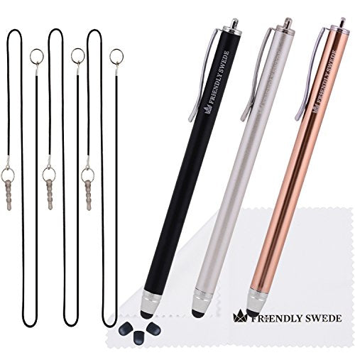 The Friendly Swede Stylus Pen for Touchscreen — 3-Pack 5.5" High Precision Stylus Pen with Replaceable Thin Tips, Elastic Lanyards & Screen Cleaning Cloth - Gold/Silver/Black - color: Gold/Silver/Black