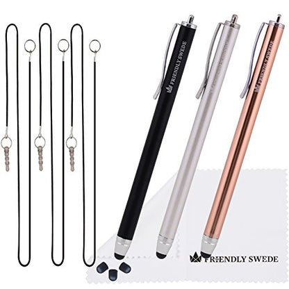 The Friendly Swede Stylus Pen for Touchscreen — 3-Pack 5.5" High Precision Stylus Pen with Replaceable Thin Tips, Elastic Lanyards & Screen Cleaning Cloth - Gold/Silver/Black - color: Gold/Silver/Black