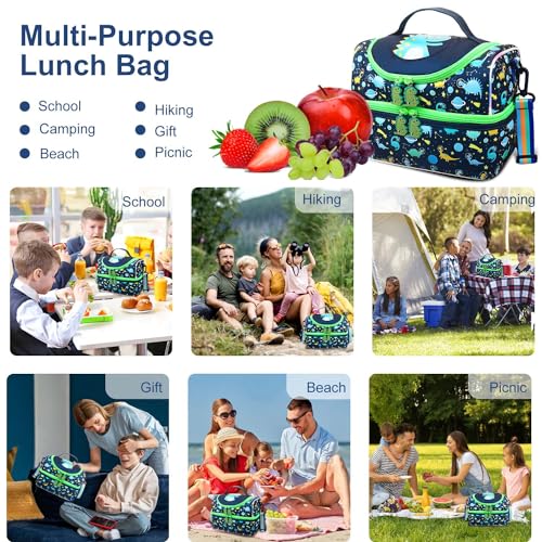 RHCPFOVR Kids Lunch Bag - Double - Decker Cooler Insulated Lunch Box for Boys Girls,Washable Lunch Bag with Strap and Reusable Toddler Lunchbox for School and Daycare - color: Dark Blue Dinosaur