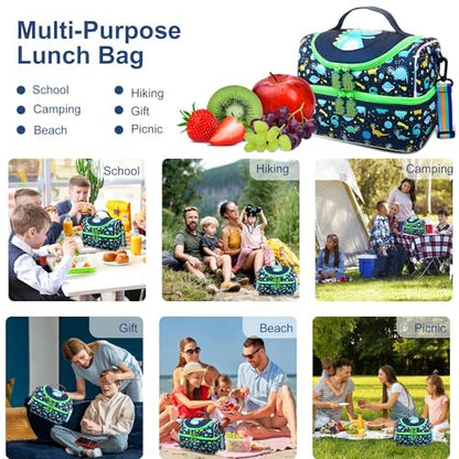 RHCPFOVR Kids Lunch Bag - Double - Decker Cooler Insulated Lunch Box for Boys Girls,Washable Lunch Bag with Strap and Reusable Toddler Lunchbox for School and Daycare - color: Dark Blue Dinosaur