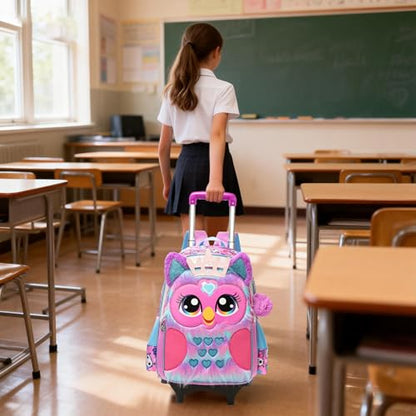 Meetbelify Girls Cute Backpack with Wheels for Elementary Students Kids Black Travel Luggage - color: Owl