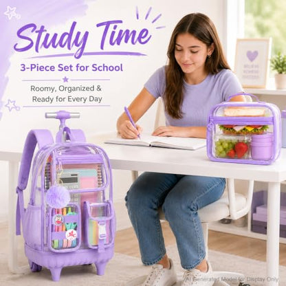 WZLVO Clear Backpack Rolling Backpack for Girls Women, Heavy Duty PVC Transparent Bookbag, See Through Wheeled Backpacks Set for Teens Elementary Travel - Purple - color: Purple