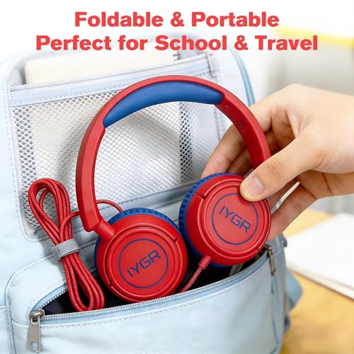 K6C Kids Headphones with USB-C, for Toddler & Kids Ages 2-12, 85dB Safe Volume Limited, Adjustable Headband & Foldable Wired, On-Ear Headphones for School, Travel, Tablet, iPad - color: Red
