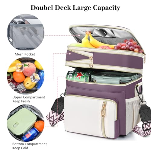 LOKASS Lunch Box & Lunch Bag for Women Men Double Deck, Large Insulated Adult Lunch Box Leakproof Lunchbox Cooler Bag for Work Picnic Beach,（Dark Pink 16L） - color: Dark Pink