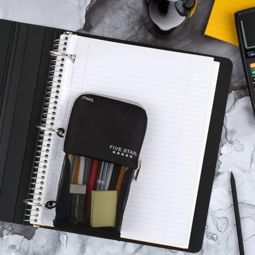 Five Star Pencil Pouch, Pen Case, Stand 'N Store Zipper Pouch, Fits 3-Ring Binder, Storage Organizer for Supplies Earbuds Chargers Cables Makeup, Black/Grey (505160A-ECM) (Pack of 12) - size: 2" x 4-1/2" x 8" (Pack of 12)