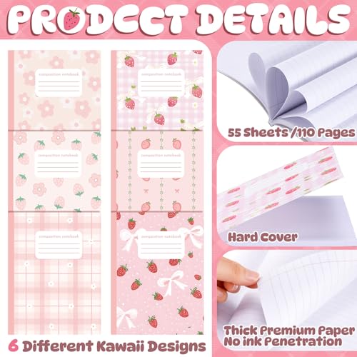 Harloon 6 Pack Composition Notebooks Wide Ruled Bulk Cute Pink Composition Notebook 110 Page 7-1/2" x 9-3/4" Kawaii Aesthetic Journal Back to School Gift for Classroom Office First Day of School - style: Kawaii