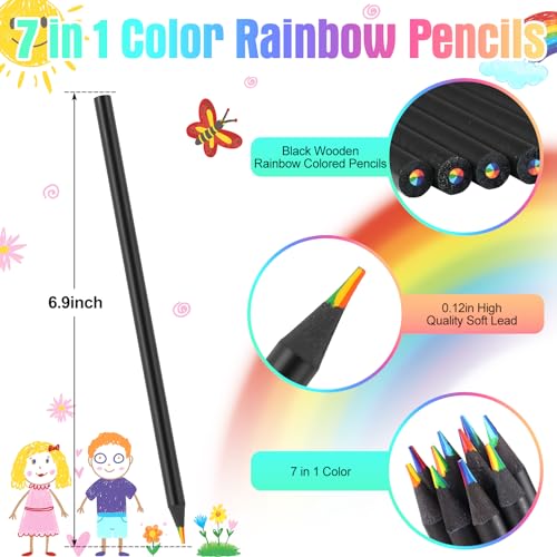 12 Pcs Rainbow Pencils with Sharpener, 7 Color in 1, Black Wooden, Art Supplies for Kids & Adults, Birthday Pencils