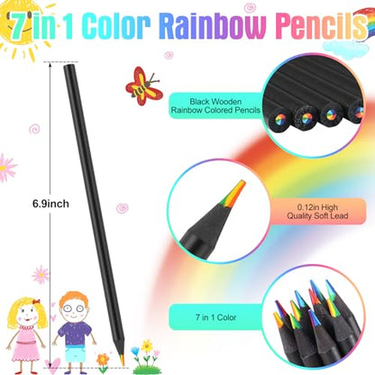 12 Pcs Rainbow Pencils with Sharpener, 7 Color in 1, Black Wooden, Art Supplies for Kids & Adults, Birthday Pencils