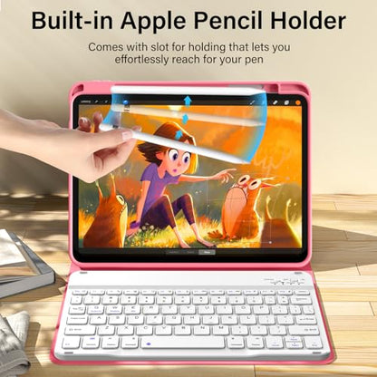 kenke for iPad 11/10th Gen Case with Keyboard 11/10.9 inch 2025 A16/2022, Detachable Wireless Bluetooth Keyboard Case with Bulit-in Pencil Holder, White Square Keycaps (Pink) - color: Watermelon Red