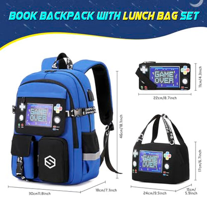 Scothen Boys Backpack, Cool Luminous School Backpacks for Boys with Lunch Bag Pencil Case, Kids Backpack Kindergarten Elementary Middle School Book Bags for Teen Boy Children with USB Charging Port - color: Black-blue