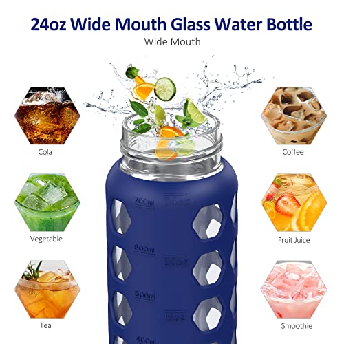 MUKOKO 24oz Glass Water Bottle, Blue | Glass Tumbler with Straw, Drinking Bottles with 2 Lids-Handle Spout Lid & Bamboo Straw Lid, Silicone Sleeve, 1 Pack - color: Bule, size: 24 Ounces