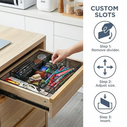 Hiceeden 2 Pack Mesh Desk Drawer Organizer, 16.1"x12.2"x2" Large Desk Organizer Tray with 2 Removable Dividers, 6 Compartment Metal Organizers for Home, Office, Makeup & Vanity