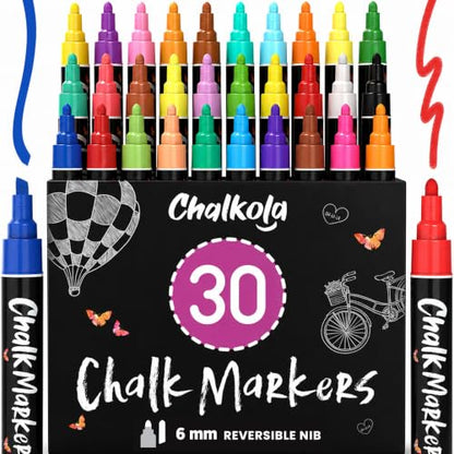 Chalkola Liquid Chalk Markers Erasable (30 Pack 6mm) Pastel + Neon Chalk Pens - Wet Wipe Washable Paint for Chalkboard Sign, Blackboards, Car Window, Glass, Bistro, Board, Mirror - 6mm Reversible Tip - style: Bold Tip - 6mm