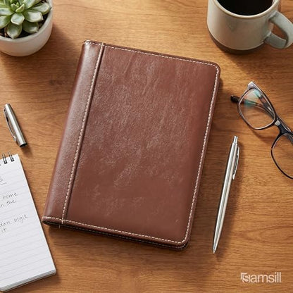 Samsill Contrast Stitch Faux-Leather Portfolio, Mini Size Business Interview Professional Padfolio, Includes 5 x 8 Inch Writing Pad, Brown - color: Brown