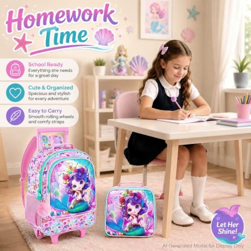 3Pcs Mermaid Rolling Backpack for Girls, Kids School Backpacks with Wheels, Roller Bookbag with Lunch Box for Elementary Preschool(Pink) - color: Mermaid Pink02