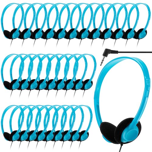 Yunsailing 30 Pack Bulk Headphones Set Over Ear Headphones with Adjustable Headband 3.5mm Plug Headsets Earphones for Learning Program, Computer Lab, Library, Testing & Multimedia Use (Lake Blue) - color: Lake Blue
