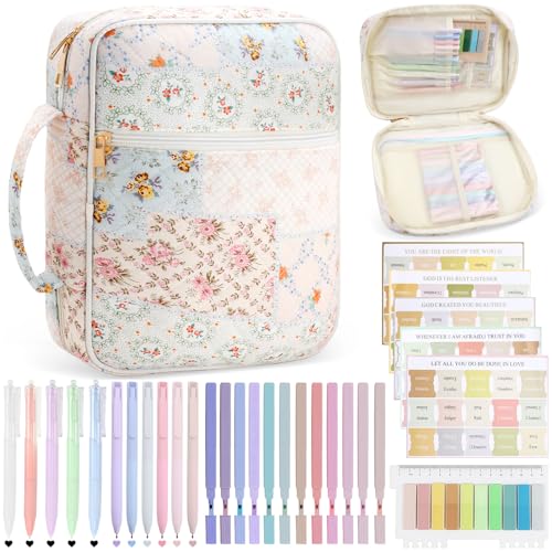 Bible Cover Case Study Supplies for Women Gifts Large Bible Cover with Highlighters Pens Tabs Cute Quilted Carrying Case Christian Journal Kit Accessories Christian Gifts Sticky Notes A - color: Bc-bible cover case with highlighters pens tabs