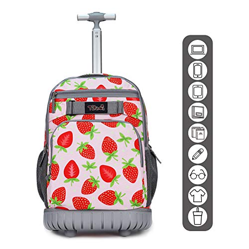Tilami Rolling Backpack 18 inch Wheeled Backpack School College Student Travel Trip Boys and Girls - color: Strawberry