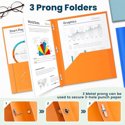 V-Opitos 30 Pack 2 Pocket Plastic Folders with 3 Prongs & Clear Front Pocket, Bulk Heavy Duty Folder with Fastener Clasps, Multicolor Folders for School and Office