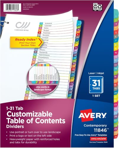 Avery 1-31 Dividers for 3 Ring Binders, 31 Tabs per Set, Customizable Table of Contents, Multicolor Arched Tabs, Great for Organizing Reports, Projects, and More (11846) (Pack of 12) - size: One Size (Pack of 12), style: 1 Set