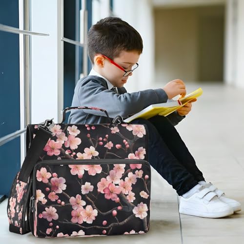 Zipper Binder Black Cherry Flower 1.5 inch 3 Ring Binder Bag with Multiple Pockets, 500 Sheet Capacity with Shoulder Strap