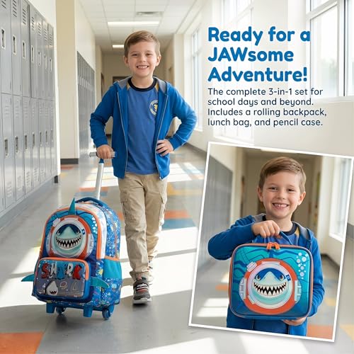 Kids Rolling Backpack for Boys Shark Trolley Suitcases Luggage with Wheels Bookbag Wheeled 3pcs Preschool Students Elementary Teenagers Lunch Box Pencil Case Blue for Age 5-10 - color: Blue-0201-shayu