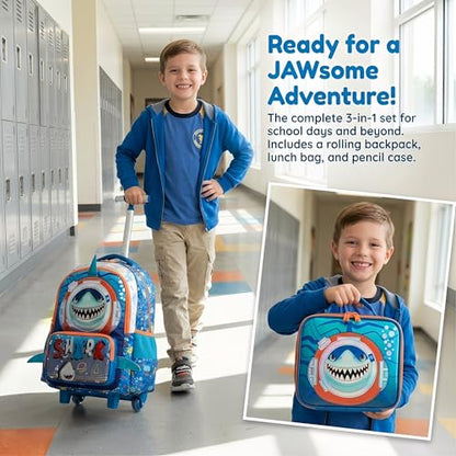 Kids Rolling Backpack for Boys Shark Trolley Suitcases Luggage with Wheels Bookbag Wheeled 3pcs Preschool Students Elementary Teenagers Lunch Box Pencil Case Blue for Age 5-10 - color: Blue-0201-shayu