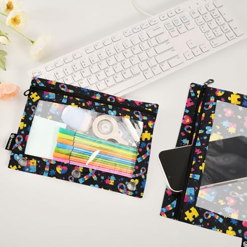 Autism Pencil Pouch for 3 Ring Binder, Binder Pencil Pouches with Clear Window Zipper Pencil Case for Office College Supplies, 2PCS (B0318) - color: B0318