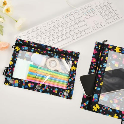 Autism Pencil Pouch for 3 Ring Binder, Binder Pencil Pouches with Clear Window Zipper Pencil Case for Office College Supplies, 2PCS (B0318) - color: B0318