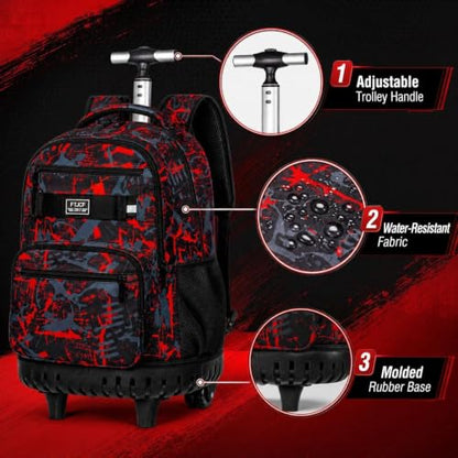 3Pcs Rolling Backpack for Boys, 19 Inche Adults Roller Bag with Wheels, Graffiti Wheeled Bookbag Set for Men(Red) - color: Graffiti Red