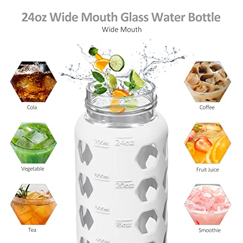 MUKOKO 24oz Glass Water Bottle, White | Glass Tumbler with Straw, Drinking Bottles with 2 Lids-Handle Spout Lid & Bamboo Straw Lid, Silicone Sleeve, 1 Pack - color: White, size: 24 Ounces
