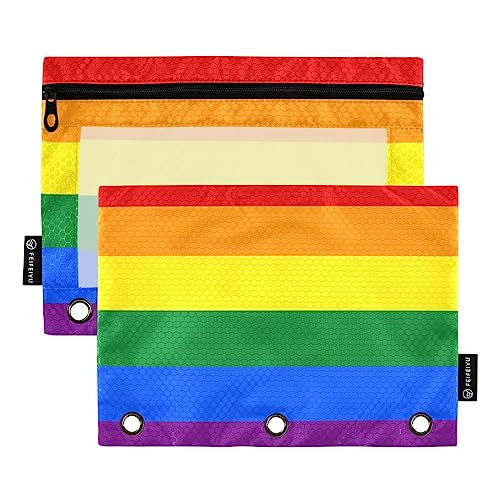 Fisyme Rainbow Flag Pencil Pouch for 3 Ring Binder Pencil Case Pencil Bag Zipper Pouch with Clear Window for Office Supplies 2 Pack - color: Multicolored- Rainbow