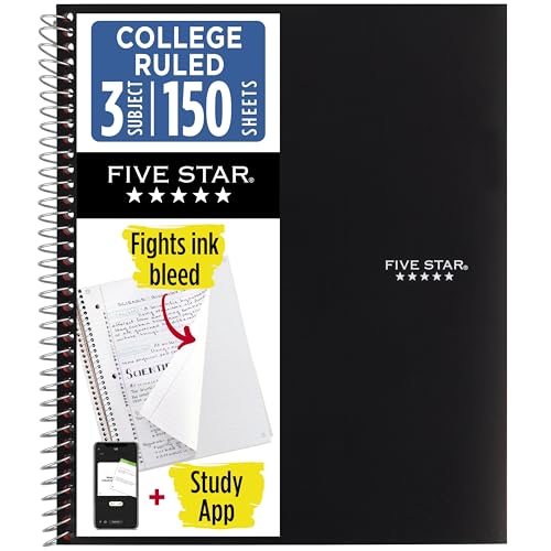 Five Star Spiral Notebook + Study App, 3 Subject, College Ruled Paper, Fights Ink Bleed, Water Resistant Cover, 8-1/2" x 11", 150 Sheets, Black (72069) - color: Black, size: 1 Count (Pack of 1)
