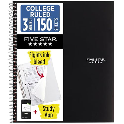 Five Star Spiral Notebook + Study App, 3 Subject, College Ruled Paper, Fights Ink Bleed, Water Resistant Cover, 8-1/2" x 11", 150 Sheets, Black (72069) - color: Black, size: 1 Count (Pack of 1)