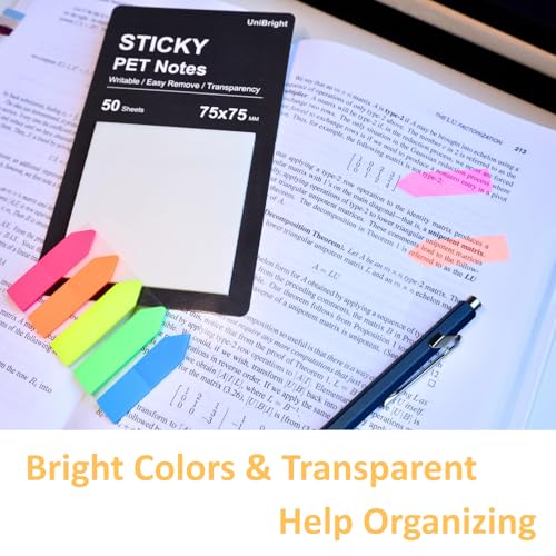 UniBright 175 pcs Arrow Page Tabs & 3x3 Inch Transparent Sticky Notes, Sticky Tabs for Books, Bible & Notebooks, Writable Repositionable Page Markers, Office, School, Home Use - color: Neon-175pcs