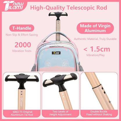 NEW TILAMI 16 Inch Rolling Backpack with Lunch Bag for Kids Adjustable Handle Carry-on Suitcase Wheels for Girls Boys School Travel Camping, Pastel Pink - Blue - color: Pastel Pink - Blue